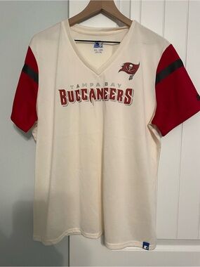 STARTER Cream and Red Tampa Bay Fan Jersey V-Neck Shirt